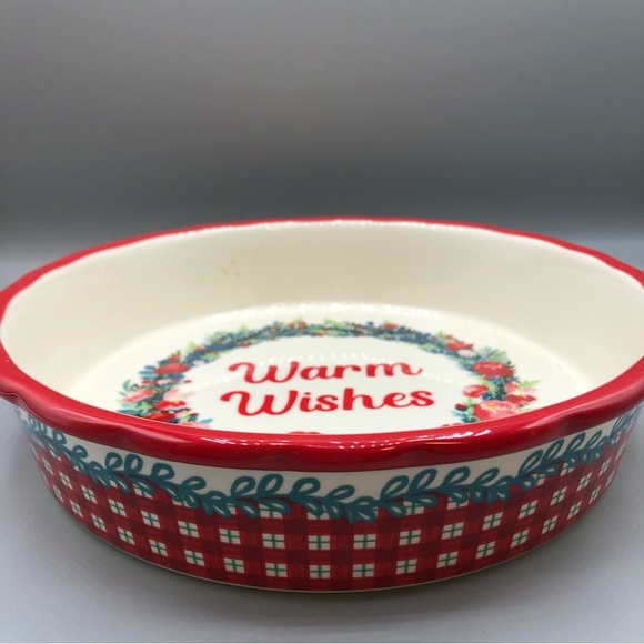 NEW Pioneer Woman 10” stoneware deep dish holiday pie pan WARM WISHES Christmas - Picture 2 of 4